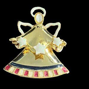 Angel Brooch 3D Raised Stars Gold‎ Tone Enamel Christmas Pin